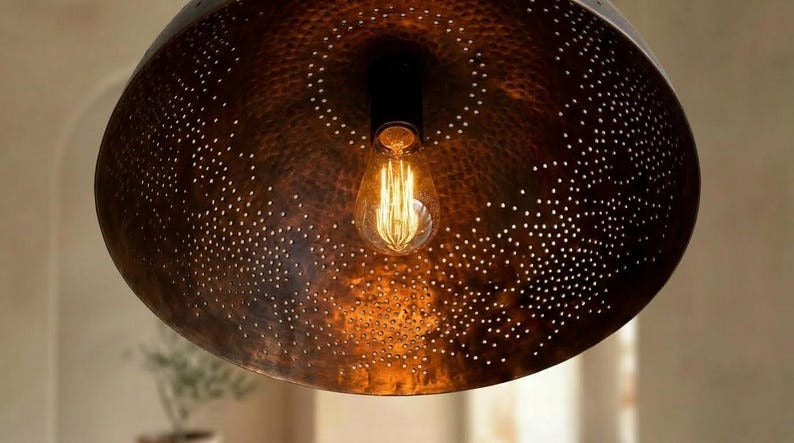 Handmade Moroccan Brass Pendant Light – Turquoise Verdigris Pierced Dome Lamp with Dark Bronze Band and Warm Copper Interior