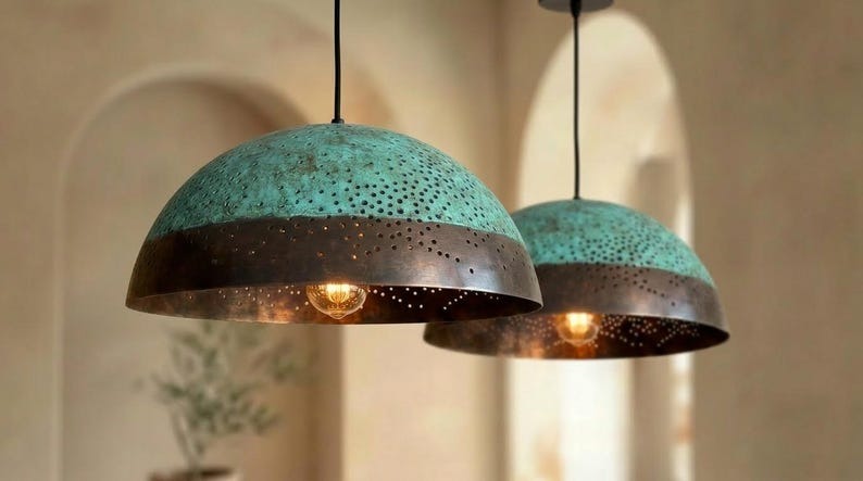 Handmade Moroccan Brass Pendant Light – Turquoise Verdigris Pierced Dome Lamp with Dark Bronze Band and Warm Copper Interior