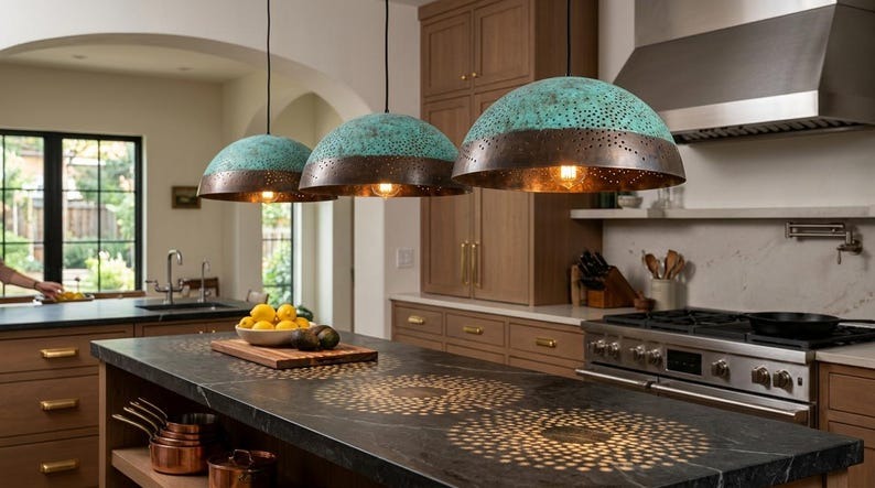 Handmade Moroccan Brass Pendant Light – Turquoise Verdigris Pierced Dome Lamp with Dark Bronze Band and Warm Copper Interior