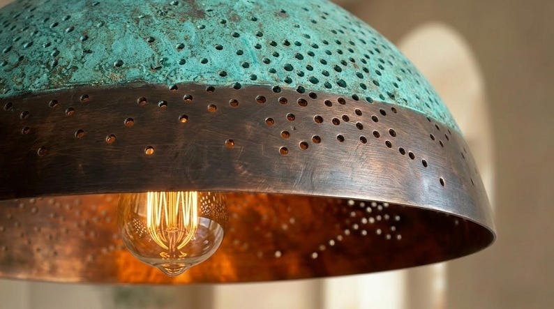Handmade Moroccan Brass Pendant Light – Turquoise Verdigris Pierced Dome Lamp with Dark Bronze Band and Warm Copper Interior