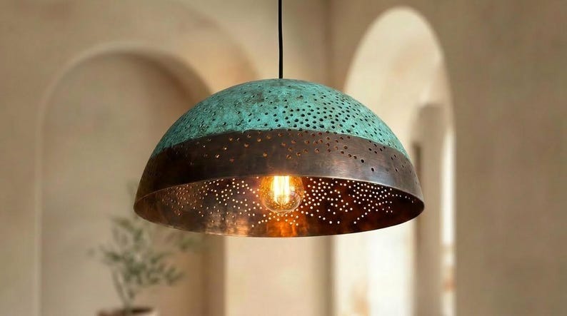 Handmade Moroccan Brass Pendant Light – Turquoise Verdigris Pierced Dome Lamp with Dark Bronze Band and Warm Copper Interior