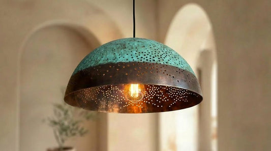 Handmade Moroccan Brass Pendant Light – Turquoise Verdigris Pierced Dome Lamp with Dark Bronze Band and Warm Copper Interior