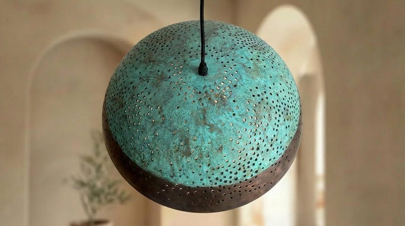 Handmade Moroccan Brass Pendant Light – Turquoise Verdigris Pierced Dome Lamp with Dark Bronze Band and Warm Copper Interior
