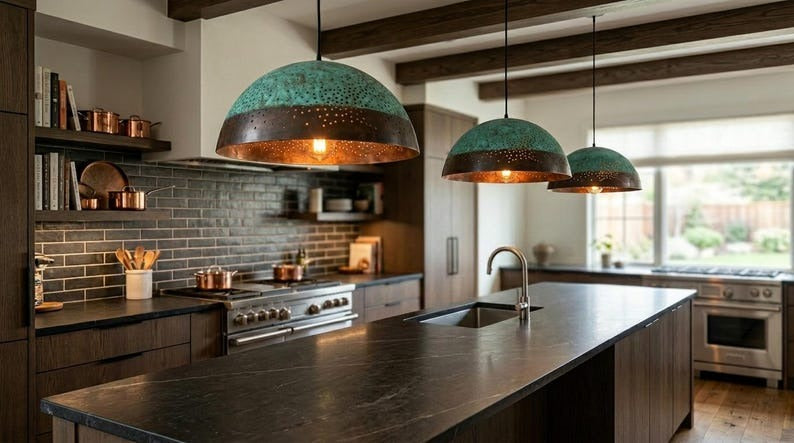Handmade Moroccan Brass Pendant Light – Turquoise Verdigris Pierced Dome Lamp with Dark Bronze Band and Warm Copper Interior