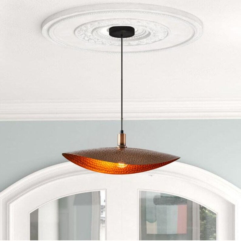 Handmade Hammered Brass Pendant Light – Moroccan Copper Saucer Pendant Lamp with Warm Gold Interior for Kitchen Island, Dining Room & Boho Home Décor