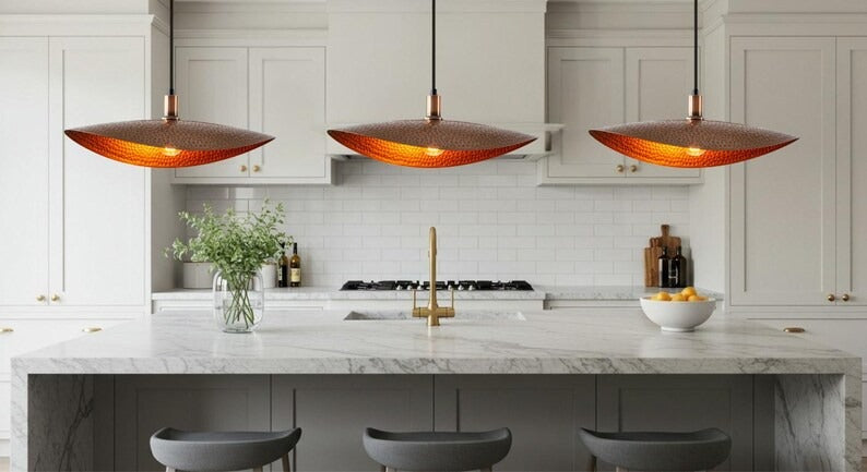 Handmade Hammered Brass Pendant Light – Moroccan Copper Saucer Pendant Lamp with Warm Gold Interior for Kitchen Island, Dining Room & Boho Home Décor