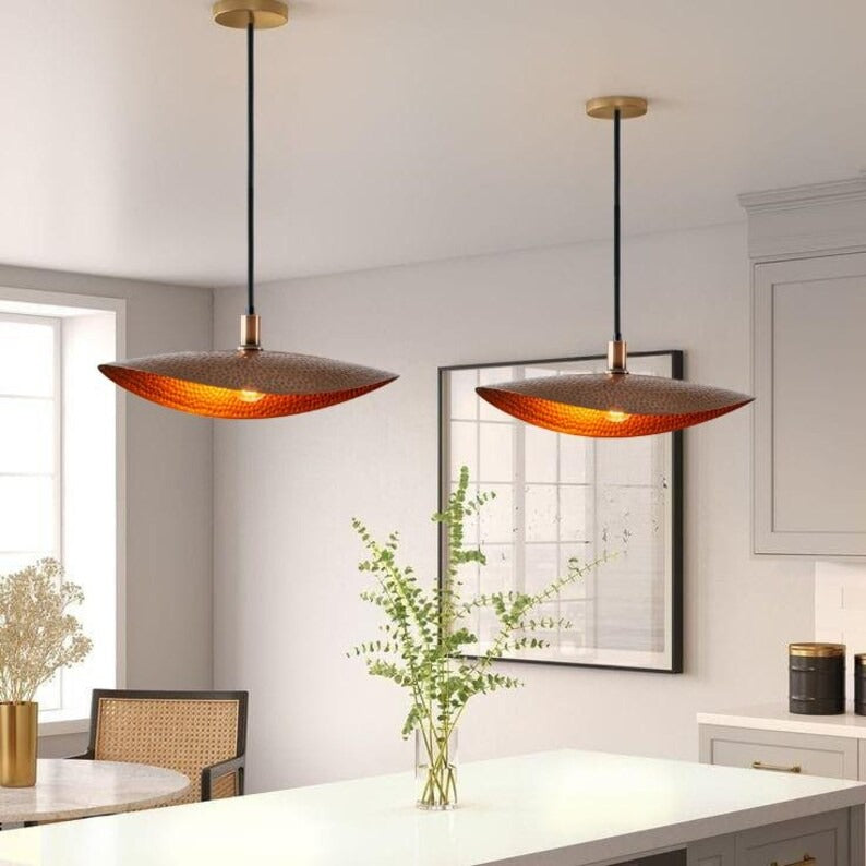 Handmade Hammered Brass Pendant Light – Moroccan Copper Saucer Pendant Lamp with Warm Gold Interior for Kitchen Island, Dining Room & Boho Home Décor