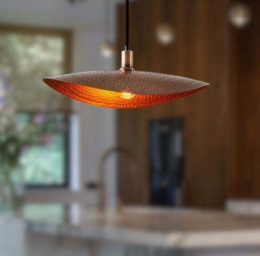 Handmade Hammered Brass Pendant Light – Moroccan Copper Saucer Pendant Lamp with Warm Gold Interior for Kitchen Island, Dining Room & Boho Home Décor