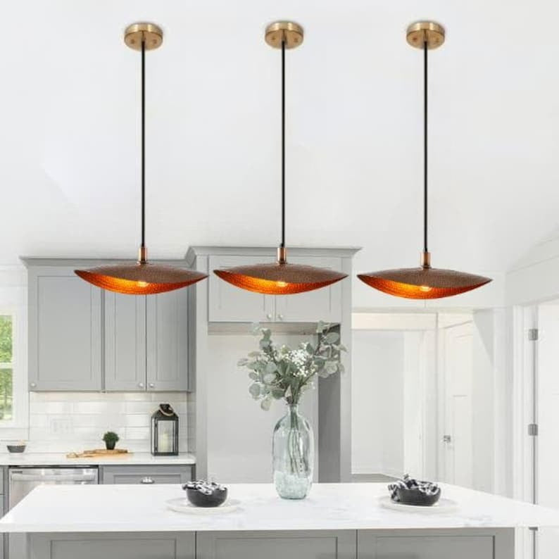 Handmade Hammered Brass Pendant Light – Moroccan Copper Saucer Pendant Lamp with Warm Gold Interior for Kitchen Island, Dining Room & Boho Home Décor