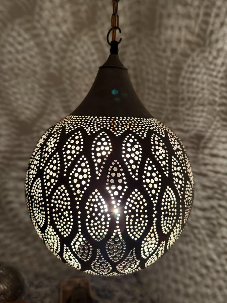 Moroccan Pierced Globe Pendant Light, Handmade Moorish Leaf Pattern Hanging Lamp, Boho Arabic Shadow Chandelier, Rustic Black Metal Ceiling Light Fixture