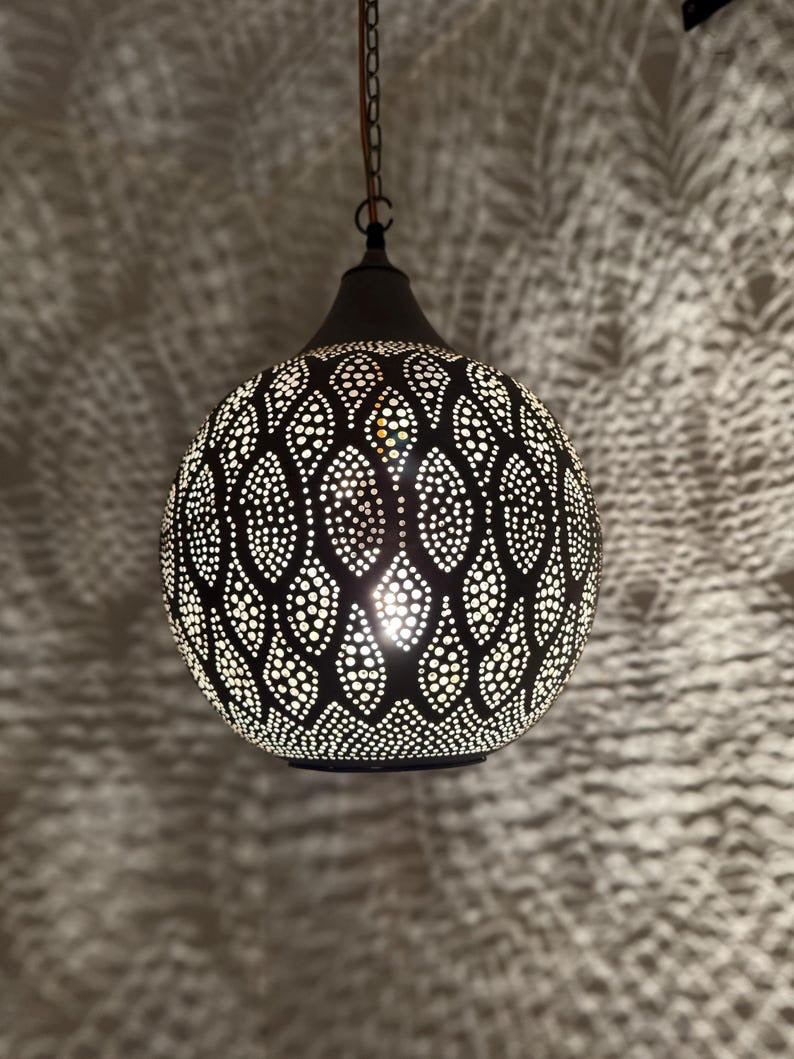 Moroccan Pierced Globe Pendant Light, Handmade Moorish Leaf Pattern Hanging Lamp, Boho Arabic Shadow Chandelier, Rustic Black Metal Ceiling Light Fixture