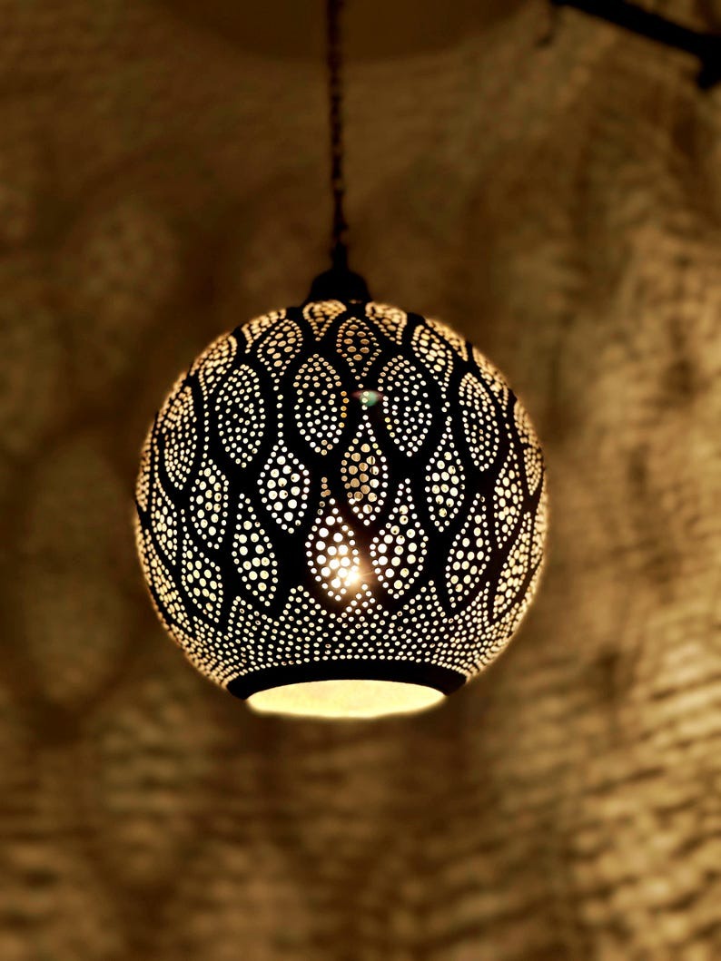 Moroccan Pierced Globe Pendant Light, Handmade Moorish Leaf Pattern Hanging Lamp, Boho Arabic Shadow Chandelier, Rustic Black Metal Ceiling Light Fixture