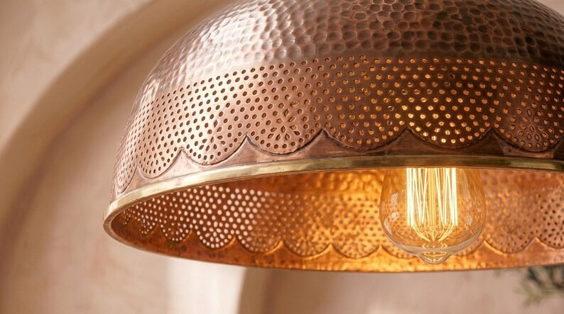 Handmade Brass Moroccan Dome Pendant Light – Aged Copper Hammered Brass Hanging Lamp with Pierced Scalloped Border, Rustic Kitchen Island Ceiling Fixture