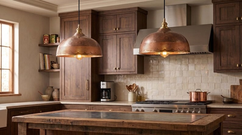 Handmade Brass Moroccan Dome Pendant Light – Aged Copper Hammered Brass Hanging Lamp with Pierced Scalloped Border, Rustic Kitchen Island Ceiling Fixture