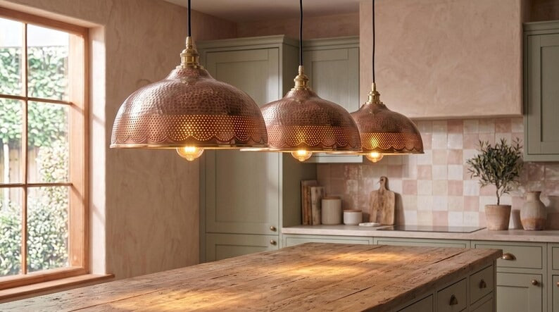 Handmade Brass Moroccan Dome Pendant Light – Aged Copper Hammered Brass Hanging Lamp with Pierced Scalloped Border, Rustic Kitchen Island Ceiling Fixture
