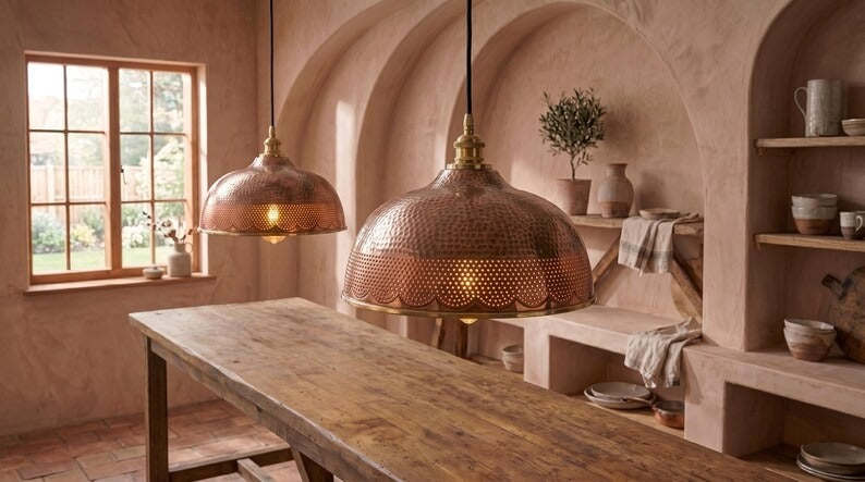Handmade Brass Moroccan Dome Pendant Light – Aged Copper Hammered Brass Hanging Lamp with Pierced Scalloped Border, Rustic Kitchen Island Ceiling Fixture