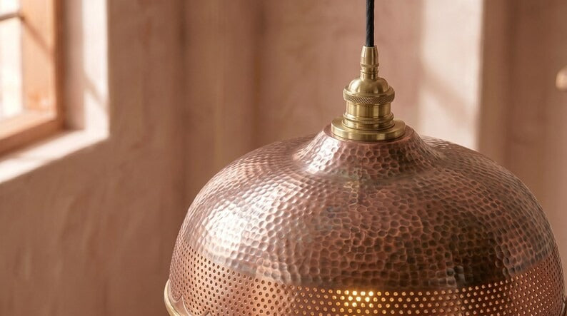 Handmade Brass Moroccan Dome Pendant Light – Aged Copper Hammered Brass Hanging Lamp with Pierced Scalloped Border, Rustic Kitchen Island Ceiling Fixture