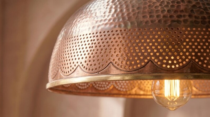 Handmade Brass Moroccan Dome Pendant Light – Aged Copper Hammered Brass Hanging Lamp with Pierced Scalloped Border, Rustic Kitchen Island Ceiling Fixture