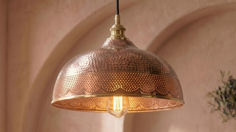 Handmade Brass Moroccan Dome Pendant Light – Aged Copper Hammered Brass Hanging Lamp with Pierced Scalloped Border, Rustic Kitchen Island Ceiling Fixture