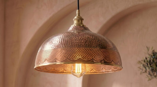 Handmade Brass Moroccan Dome Pendant Light – Aged Copper Hammered Brass Hanging Lamp with Pierced Scalloped Border, Rustic Kitchen Island Ceiling Fixture
