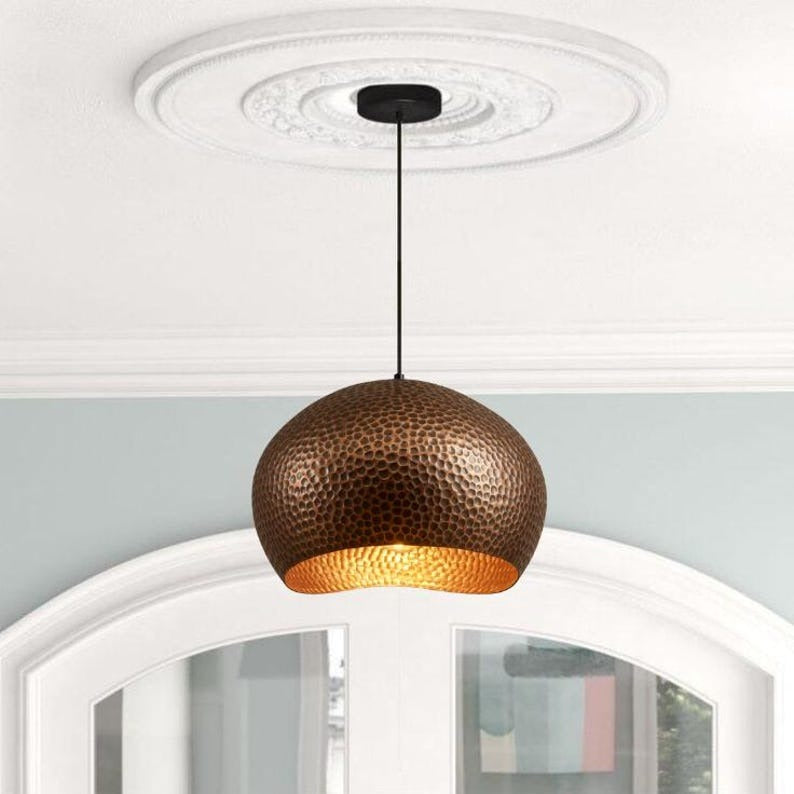 Handmade Hammered Brass Pendant Light – Moroccan Copper Bowl Dome Hanging Lamp with Warm Gold Interior for Kitchen Island, Dining Room & Boho Home Décor