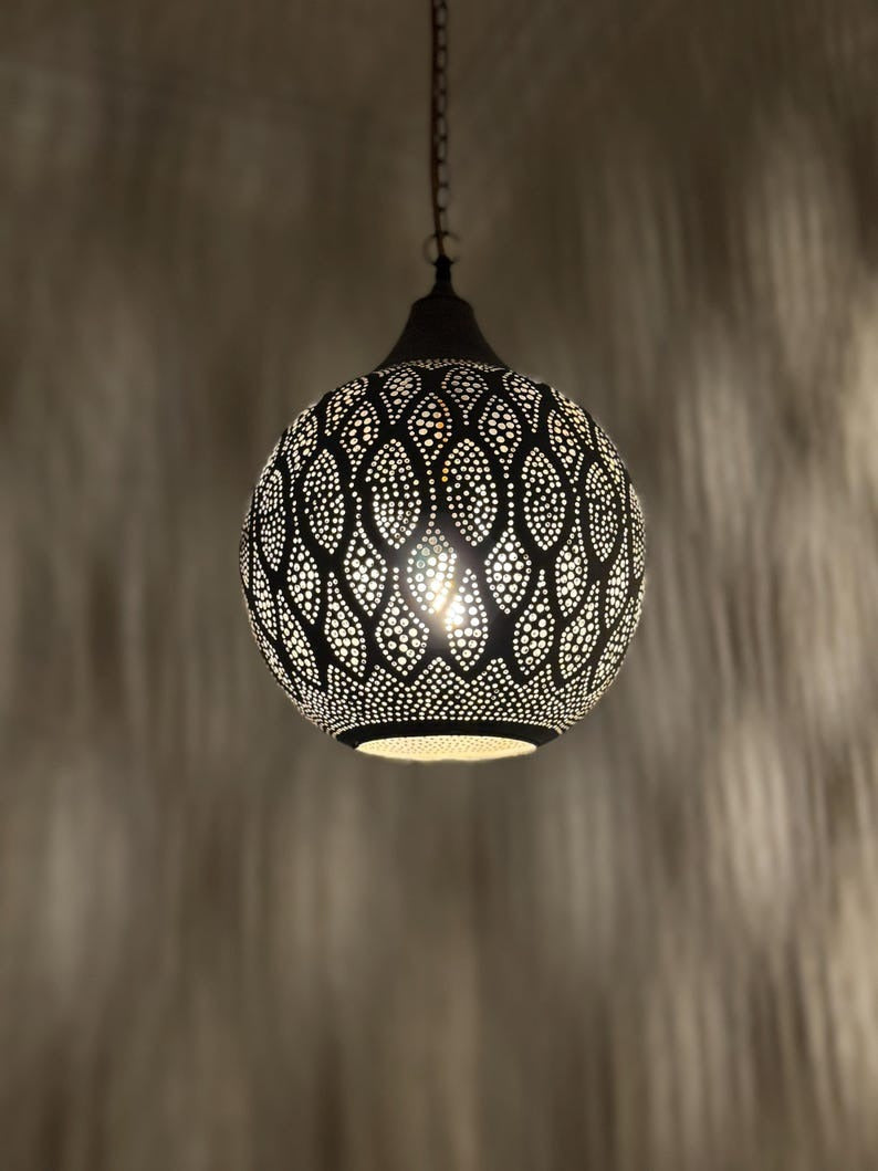 Moroccan Pierced Globe Pendant Light, Handmade Moorish Leaf Pattern Hanging Lamp, Boho Arabic Shadow Chandelier, Rustic Black Metal Ceiling Light Fixture