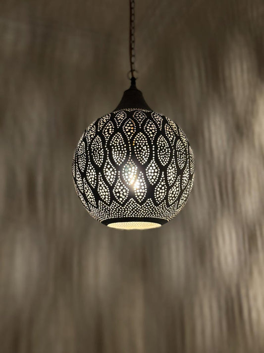 Moroccan Pierced Globe Pendant Light, Handmade Moorish Leaf Pattern Hanging Lamp, Boho Arabic Shadow Chandelier, Rustic Black Metal Ceiling Light Fixture