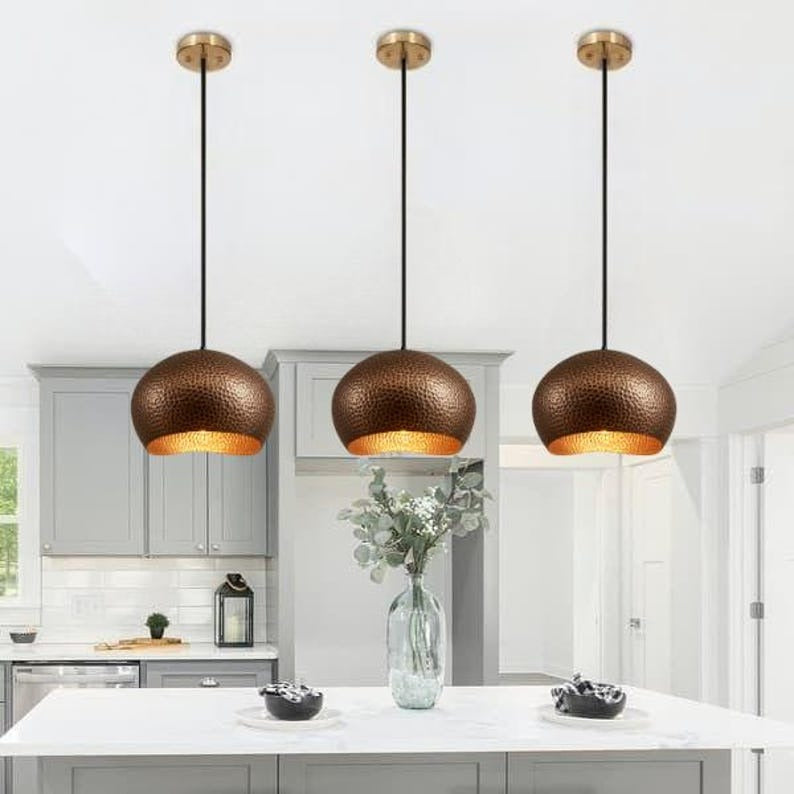 Handmade Hammered Brass Pendant Light – Moroccan Copper Bowl Dome Hanging Lamp with Warm Gold Interior for Kitchen Island, Dining Room & Boho Home Décor
