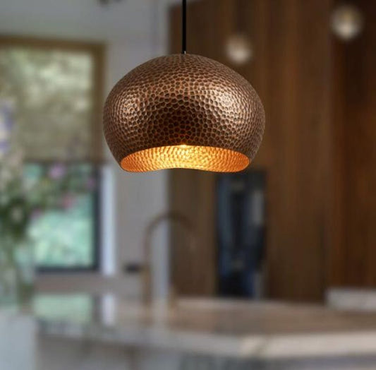 Handmade Hammered Brass Pendant Light – Moroccan Copper Bowl Dome Hanging Lamp with Warm Gold Interior for Kitchen Island, Dining Room & Boho Home Décor