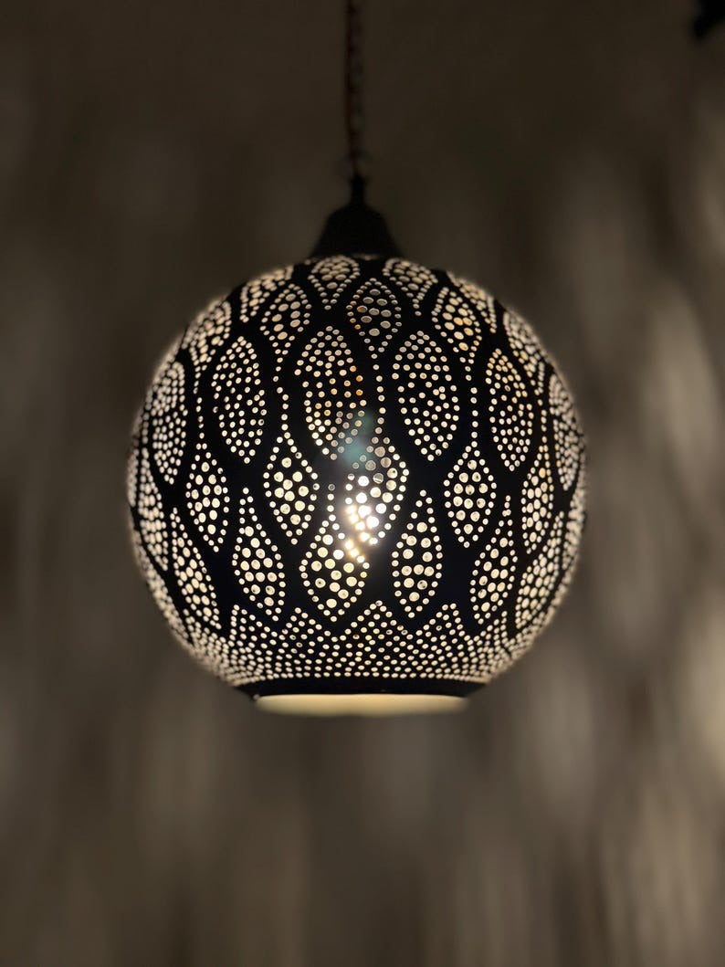 Moroccan Pierced Globe Pendant Light, Handmade Moorish Leaf Pattern Hanging Lamp, Boho Arabic Shadow Chandelier, Rustic Black Metal Ceiling Light Fixture