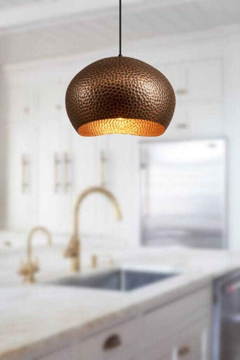 Handmade Hammered Brass Pendant Light – Moroccan Copper Bowl Dome Hanging Lamp with Warm Gold Interior for Kitchen Island, Dining Room & Boho Home Décor
