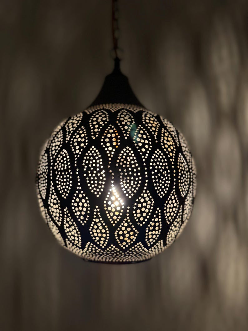 Moroccan Pierced Globe Pendant Light, Handmade Moorish Leaf Pattern Hanging Lamp, Boho Arabic Shadow Chandelier, Rustic Black Metal Ceiling Light Fixture