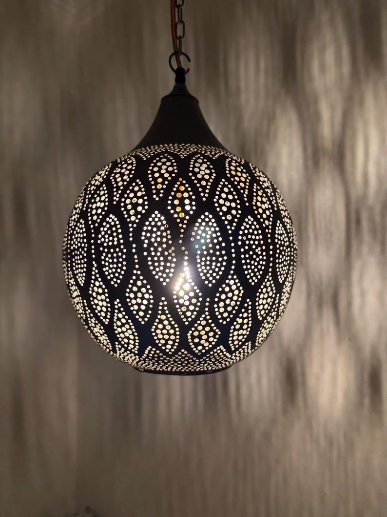 Moroccan Pierced Globe Pendant Light, Handmade Moorish Leaf Pattern Hanging Lamp, Boho Arabic Shadow Chandelier, Rustic Black Metal Ceiling Light Fixture