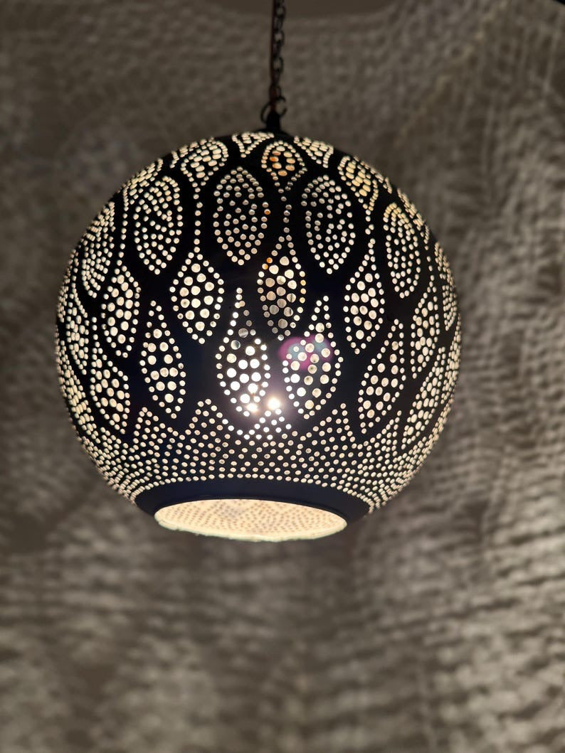 Moroccan Pierced Globe Pendant Light, Handmade Moorish Leaf Pattern Hanging Lamp, Boho Arabic Shadow Chandelier, Rustic Black Metal Ceiling Light Fixture