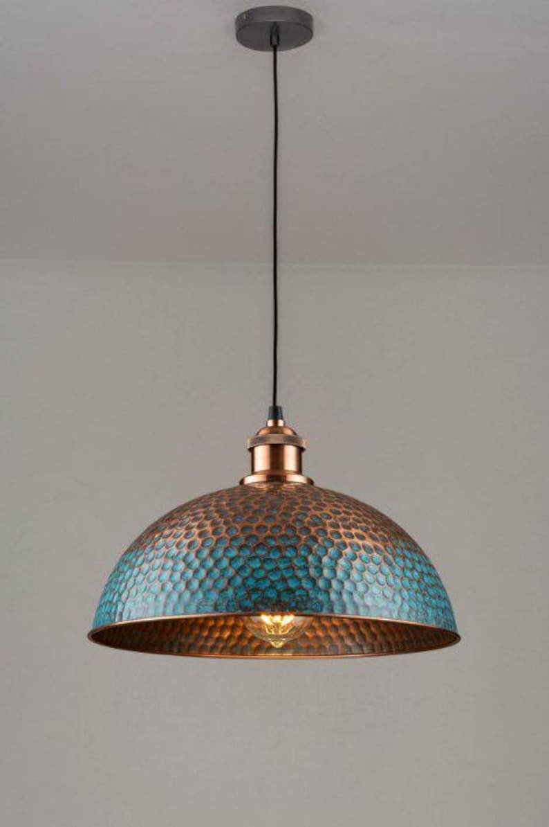 Handmade Blue Patina Brass Pendant Light – Moroccan Hammered Wide Dome Hanging Lamp with Copper Accents for Kitchen Island, Dining Room & Boho Home Décor