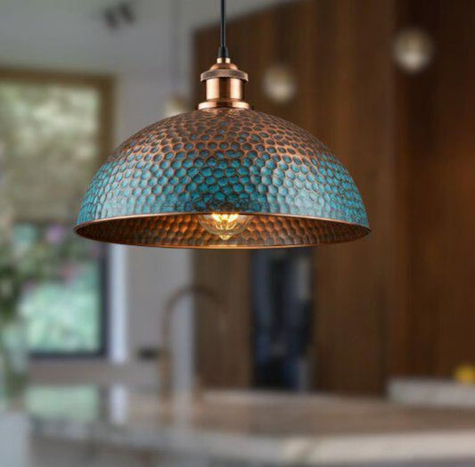 Handmade Blue Patina Brass Pendant Light – Moroccan Hammered Wide Dome Hanging Lamp with Copper Accents for Kitchen Island, Dining Room & Boho Home Décor