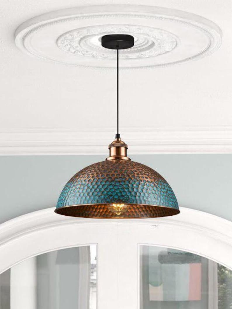 Handmade Blue Patina Brass Pendant Light – Moroccan Hammered Wide Dome Hanging Lamp with Copper Accents for Kitchen Island, Dining Room & Boho Home Décor