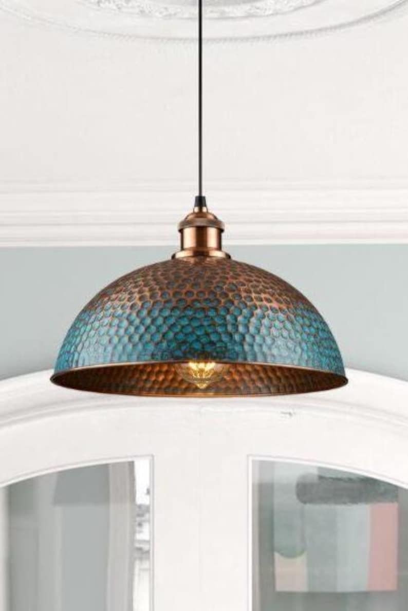 Handmade Blue Patina Brass Pendant Light – Moroccan Hammered Wide Dome Hanging Lamp with Copper Accents for Kitchen Island, Dining Room & Boho Home Décor