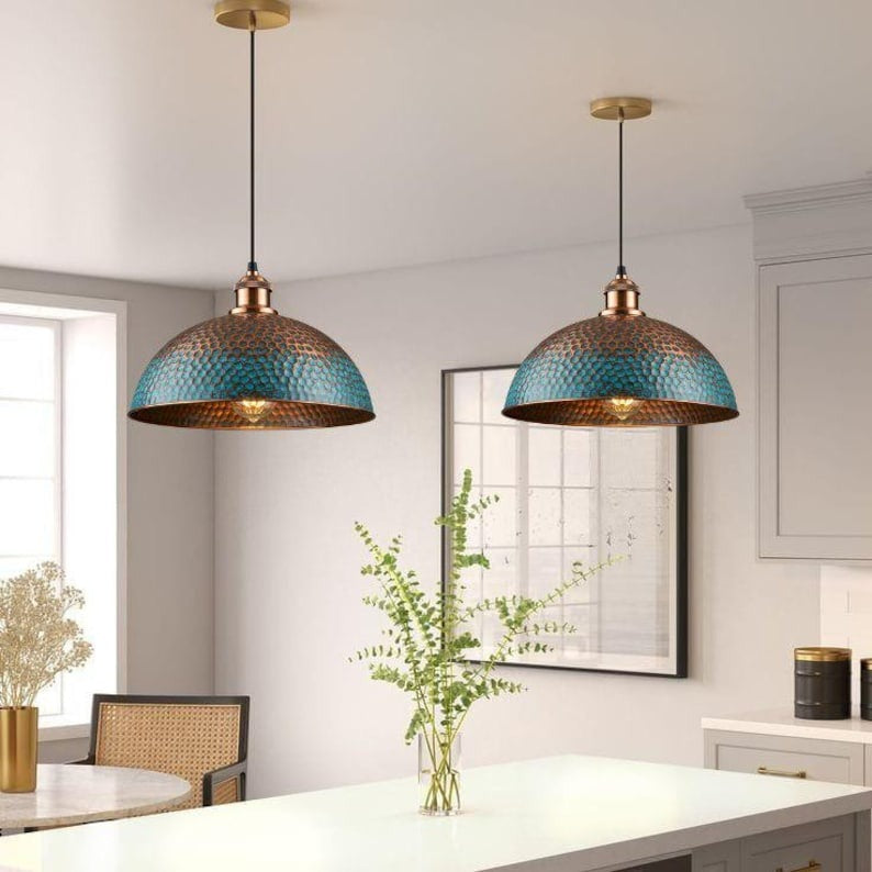 Handmade Blue Patina Brass Pendant Light – Moroccan Hammered Wide Dome Hanging Lamp with Copper Accents for Kitchen Island, Dining Room & Boho Home Décor