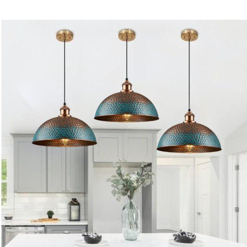 Handmade Blue Patina Brass Pendant Light – Moroccan Hammered Wide Dome Hanging Lamp with Copper Accents for Kitchen Island, Dining Room & Boho Home Décor