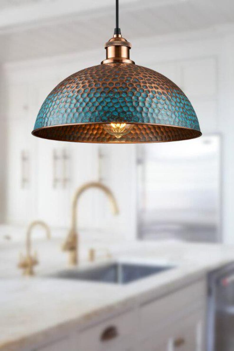 Handmade Blue Patina Brass Pendant Light – Moroccan Hammered Wide Dome Hanging Lamp with Copper Accents for Kitchen Island, Dining Room & Boho Home Décor