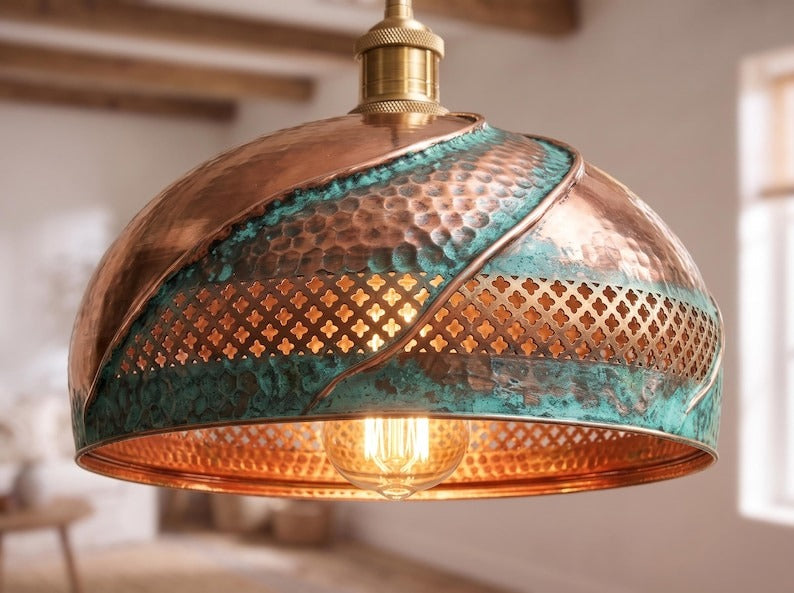 Handmade Moroccan Brass Dome Pendant Light – Hammered Copper and Turquoise Verdigris Hanging Lamp with Pierced Lattice Band, Sculptural Wrapped Brass Detail and Warm Gold Interior