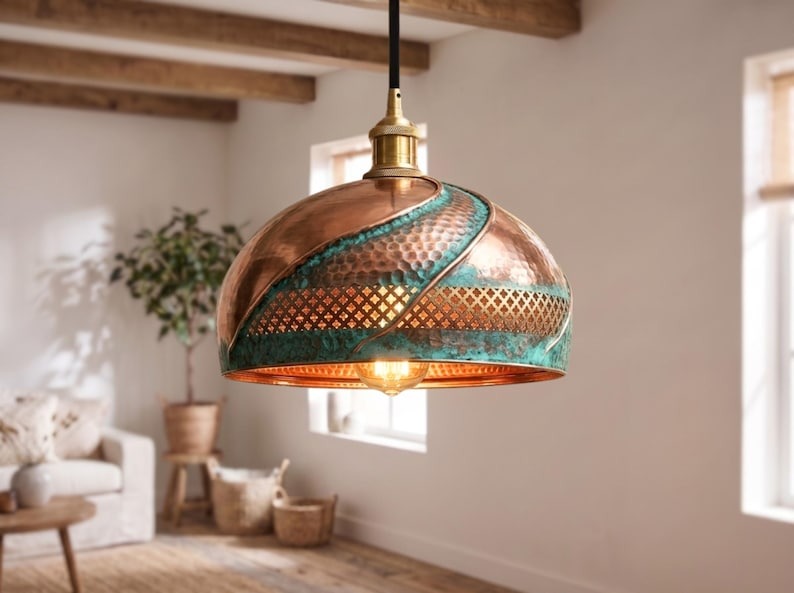 Handmade Moroccan Brass Dome Pendant Light – Hammered Copper and Turquoise Verdigris Hanging Lamp with Pierced Lattice Band, Sculptural Wrapped Brass Detail and Warm Gold Interior