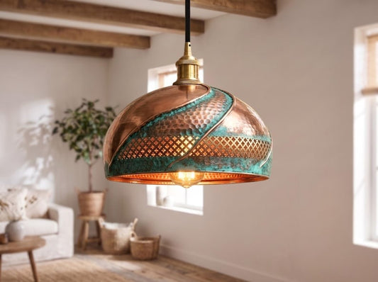 Handmade Moroccan Brass Dome Pendant Light – Hammered Copper and Turquoise Verdigris Hanging Lamp with Pierced Lattice Band, Sculptural Wrapped Brass Detail and Warm Gold Interior