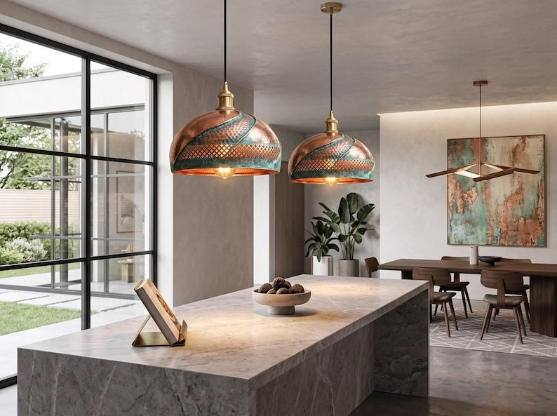 Handmade Moroccan Brass Dome Pendant Light – Hammered Copper and Turquoise Verdigris Hanging Lamp with Pierced Lattice Band, Sculptural Wrapped Brass Detail and Warm Gold Interior