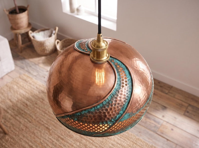 Handmade Moroccan Brass Dome Pendant Light – Hammered Copper and Turquoise Verdigris Hanging Lamp with Pierced Lattice Band, Sculptural Wrapped Brass Detail and Warm Gold Interior
