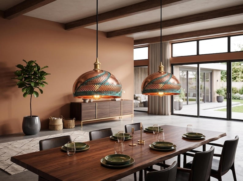 Handmade Moroccan Brass Dome Pendant Light – Hammered Copper and Turquoise Verdigris Hanging Lamp with Pierced Lattice Band, Sculptural Wrapped Brass Detail and Warm Gold Interior