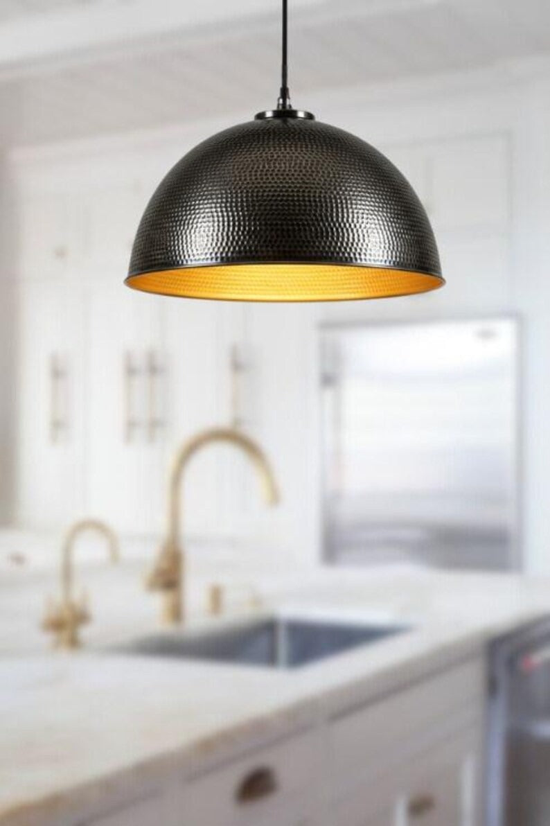 Handmade Black Hammered Brass Pendant Light – Moroccan Dome Hanging Lamp with Warm Gold Interior for Kitchen Island, Dining Room & Modern Boho Home Décor