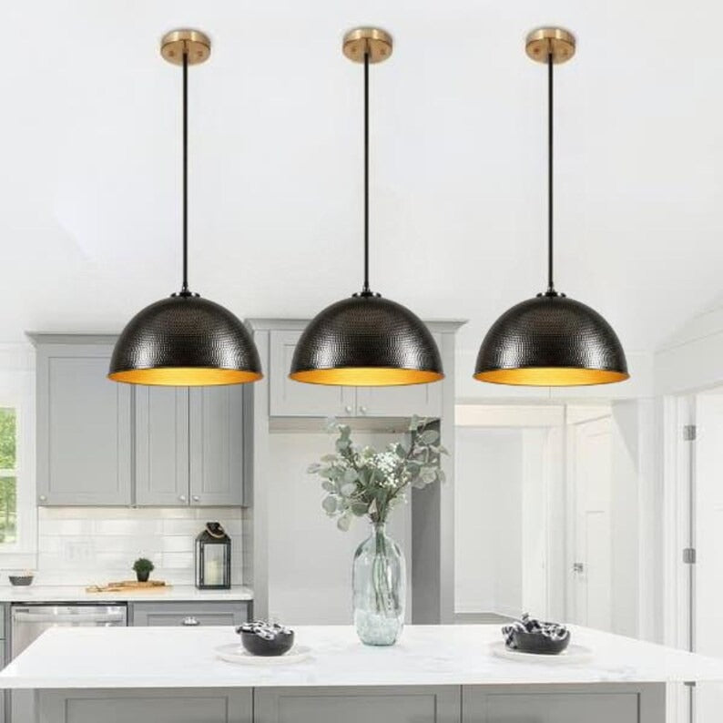 Handmade Black Hammered Brass Pendant Light – Moroccan Dome Hanging Lamp with Warm Gold Interior for Kitchen Island, Dining Room & Modern Boho Home Décor