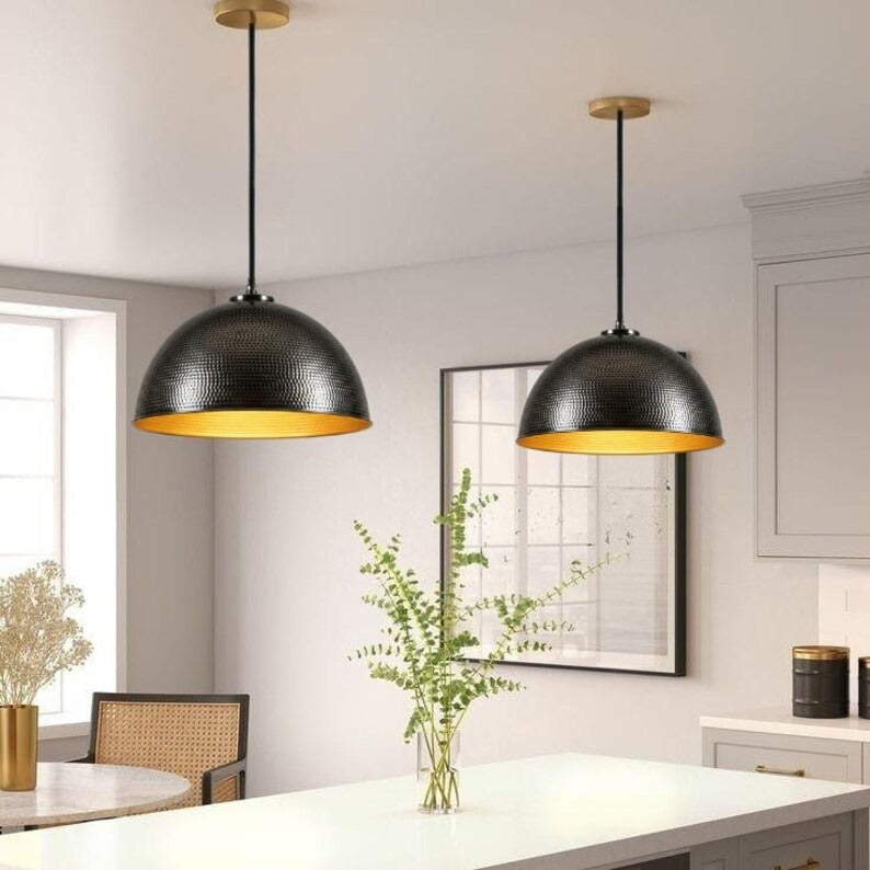 Handmade Black Hammered Brass Pendant Light – Moroccan Dome Hanging Lamp with Warm Gold Interior for Kitchen Island, Dining Room & Modern Boho Home Décor